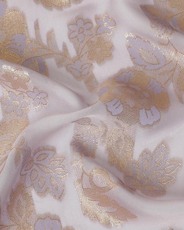Light lavender premium pure French (Fransawi) silk chiffon fabric with black viscose and gold metallic lurex in floral design-D14274
