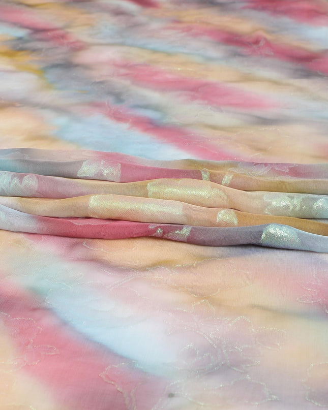 قماش شيفون حريري نقي فاخر متعدد الألوان مع لوريكس معدني أخضر نيون بتصميم زهور-D9677