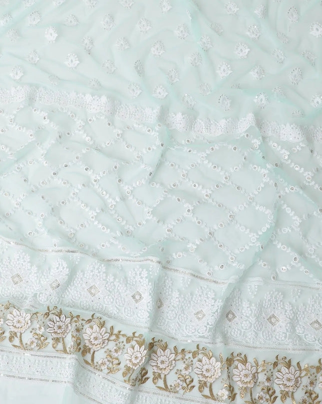 Turquoise blue nylon tulle fabric with white and gold embroidery having gold sequins in fancy design-D6903 Regal Fabrics