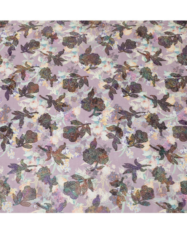 قماش شيفون حريري نقي فاخر باللون الأرجواني المنقط مع طباعة متعددة الألوان ولوريكس معدني متعدد الألوان بتصميم زهور-D9737