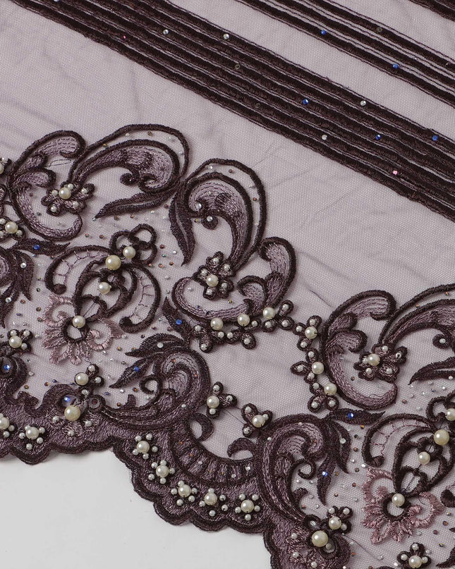 Dark Violet nylon tulle fabric with lilac , brown metallic embroidery and pearls & multi color stones in abstract design Regal Fabrics