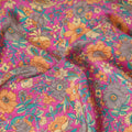 Magenta pink silk crepe fabric with light orange, blue and cream prints in floral design - D9908