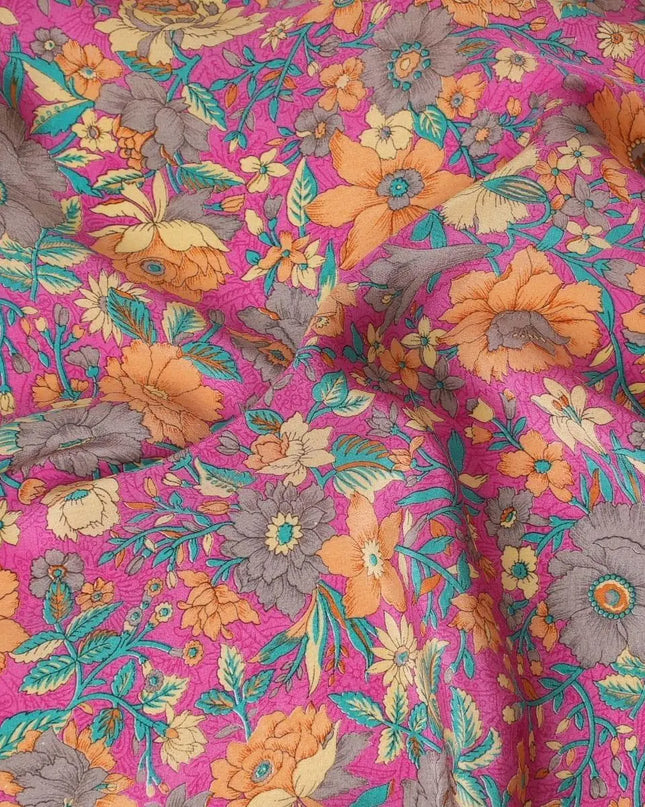 Magenta pink silk crepe fabric with light orange, blue and cream prints in floral design - D9908 Regal Fabrics
