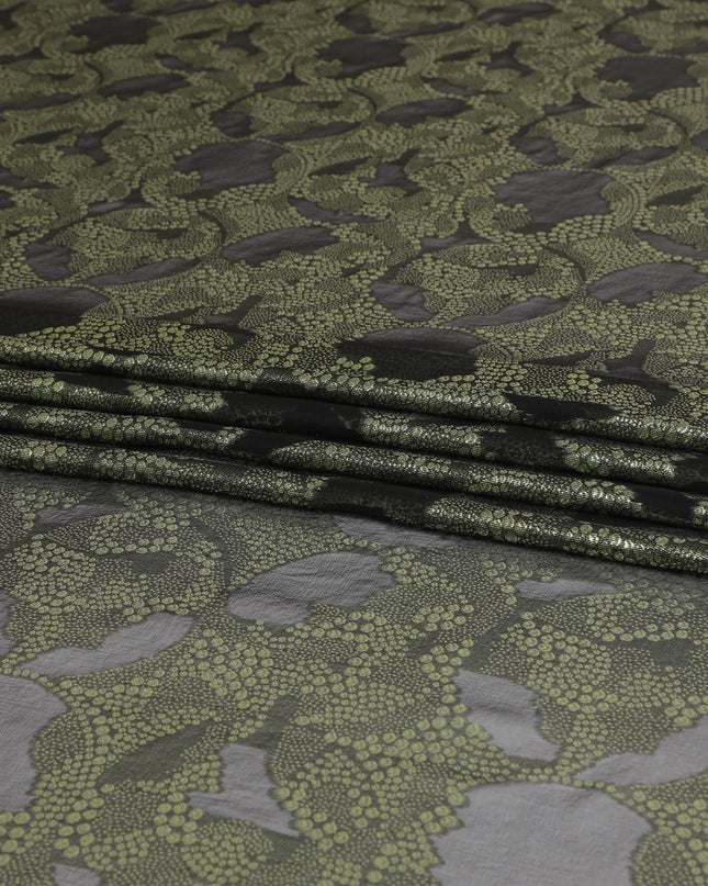 Black pure Premium French (Fransawi) silk chiffon fabric with neon green metallic lurex in fancy design-D8275