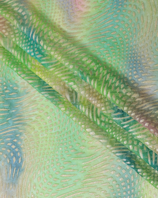 قماش شيفون حريري خالص مطبوع متعدد الألوان مع لوركس معدني ذهبي وفضي بتصميم تجريدي-D12432