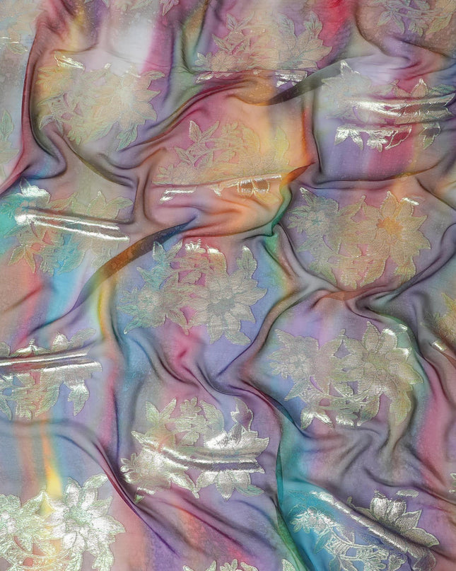 قماش شيفون حريري خالص مطبوع متعدد الألوان مع لوركس معدني ذهبي وفضي بتصميم زهور-D12422
