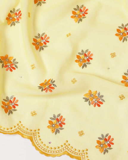 قماش الفوال القطني السويسري الفاخر (الثوب) باللون الأصفر الليموني مع تطريز برتقالي وذهبي وأصفر خردل مع أعمال حجرية بتصميم الأزهار -D7998