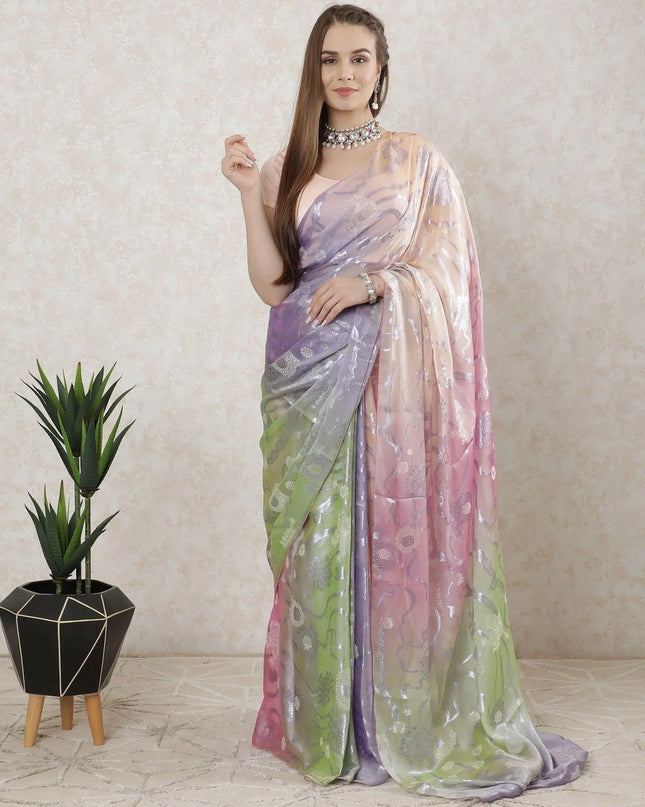 Pastel green, Lavender , peach Premium French silk chiffon saree with beige viscose and same tone metallic lurex in floral design-D10206 Regal Fabrics