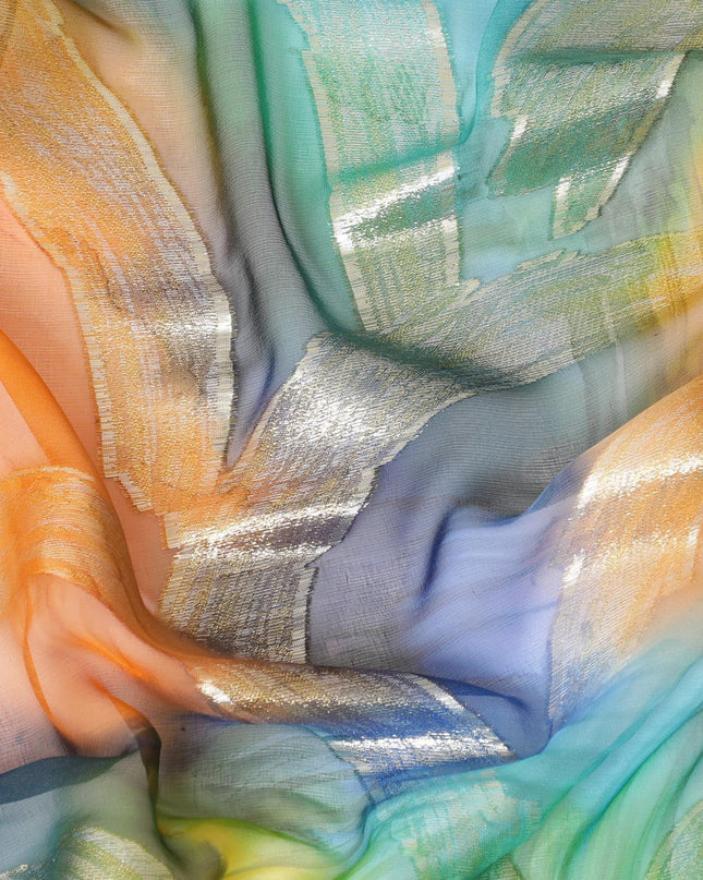 قماش شيفون من الحرير الخالص متعدد الألوان مع لوريكس معدني ذهبي بتصميم تجريدي-D9695