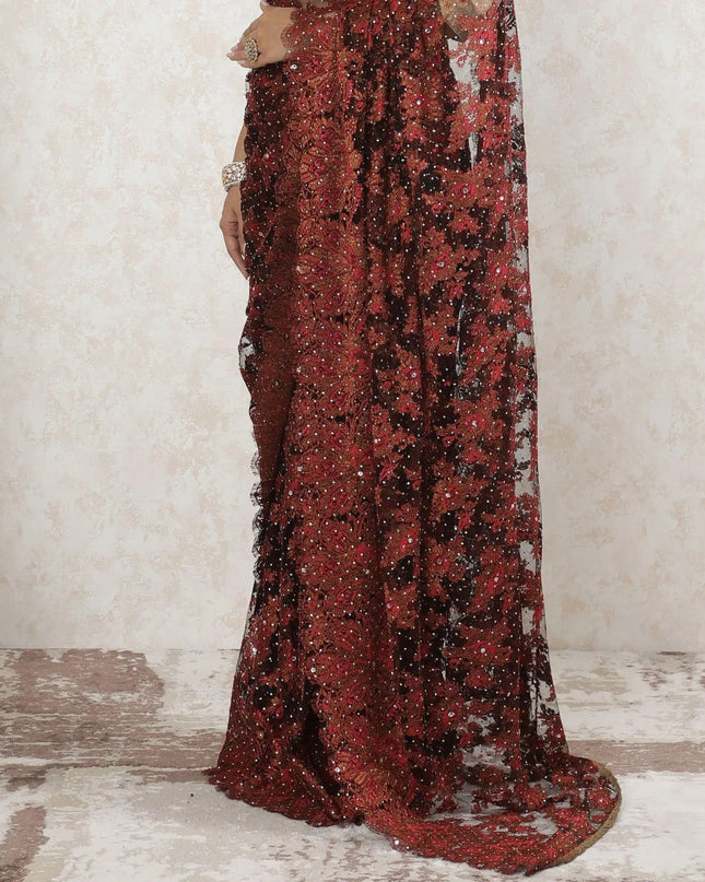 Mocha brown, brick red, copper metallic  Premium pure French chantilly saree lace having stone work in floral design-D13513 Regal Fabrics