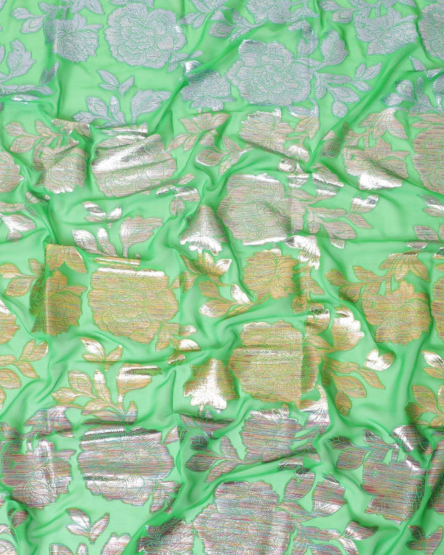 قماش شيفون من الحرير الخالص باللون الأخضر مع لوريكس معدني متعدد الألوان بتصميم زهور - D8940