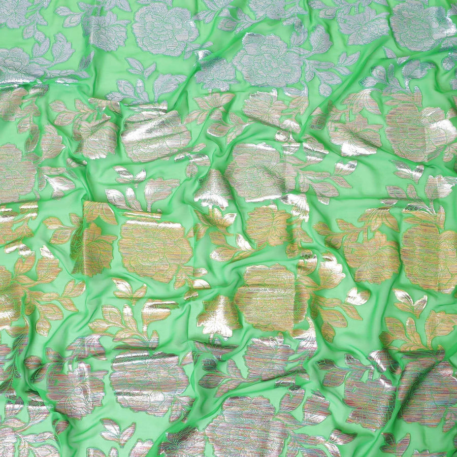 قماش شيفون من الحرير الخالص باللون الأخضر مع لوريكس معدني متعدد الألوان بتصميم زهور - D8940