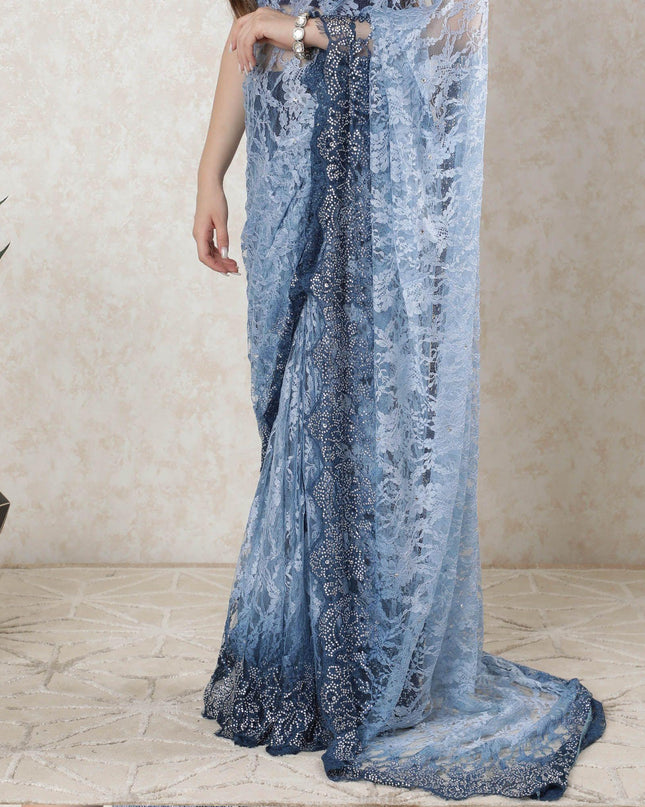 Blue, Baby blue Premium French chantilly shaded lace saree with stone work in floral design-D10177