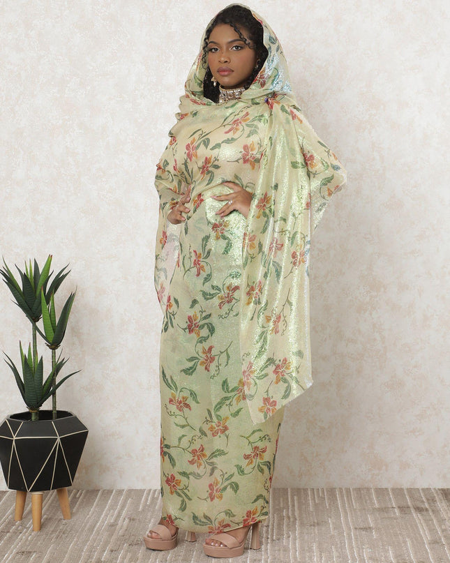 ثوب شيفون من الحرير الخالص باللون البيج اللاتيه مع طباعة متعددة الألوان مع لوريكس أخضر نيون معدني بتصميم الأزهار-D11634