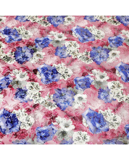 Beige, Ruby red Italian Premium silk chiffon dirac (makmal) fabric with multicolor print and velvet jacquard in floral design -D8660