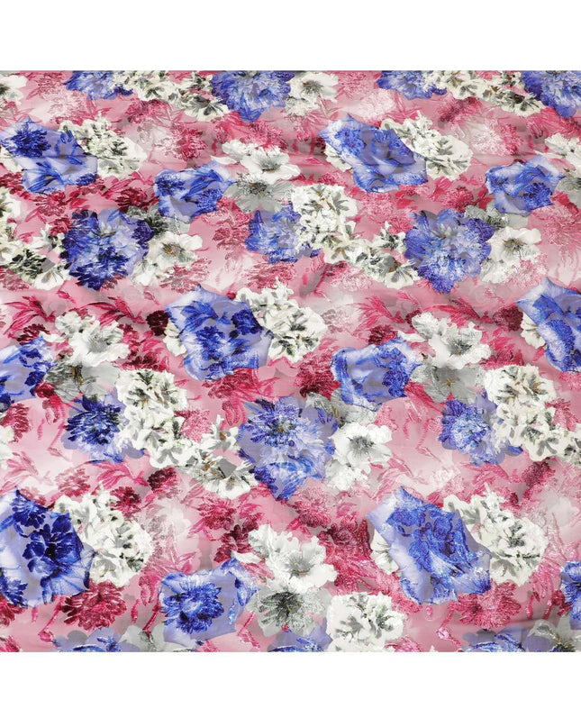 Beige, Ruby red Italian Premium silk chiffon dirac (makmal) fabric with multicolor print and velvet jacquard in floral design -D8660