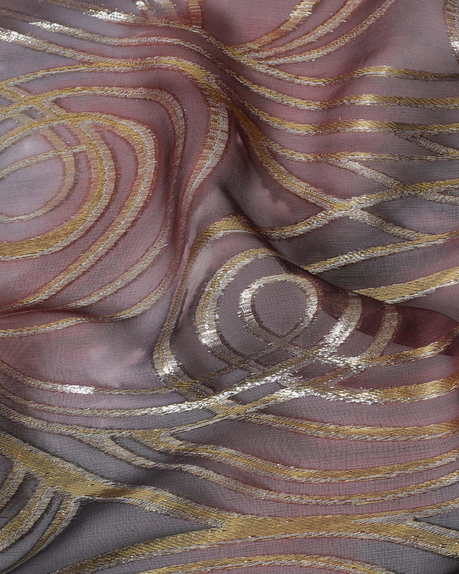 قماش شيفون من الحرير الخالص متعدد الألوان مع لوريكس معدني ذهبي بتصميم تجريدي-D14079