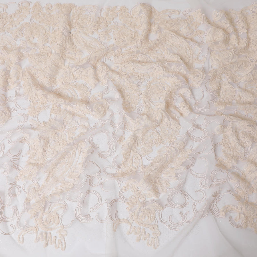 Cream nylon tulle fabric with same tone embroidery and sequins in fancy design-D11700