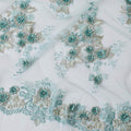 Tiffany blue nylon tulle fabric with same tone, gold embroidery having stone work in floral design-D11770