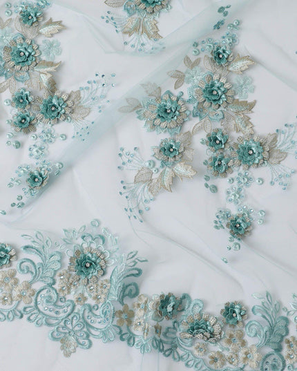 Tiffany blue nylon tulle fabric with same tone, gold embroidery having stone work in floral design-D11770