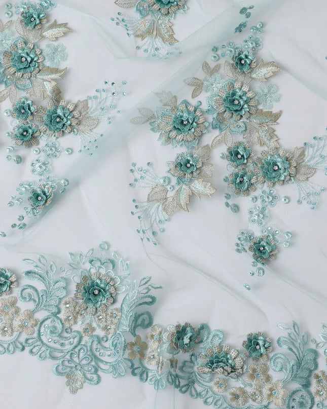 Tiffany blue nylon tulle fabric with same tone, gold embroidery having stone work in floral design-D11770 Regal Fabrics