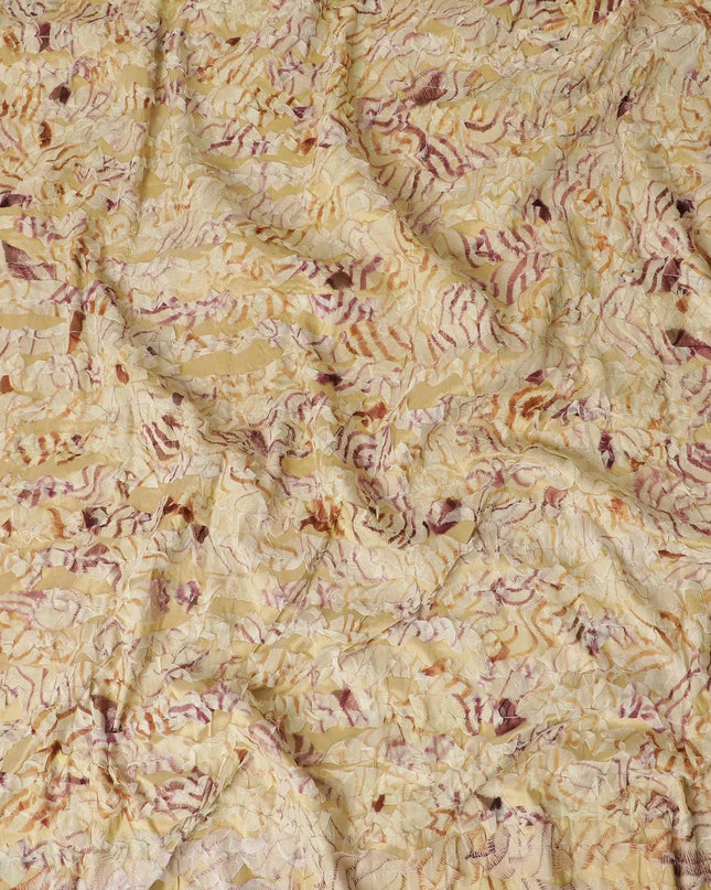 Gold synthetic chiffon fabric with beige and cerise pink fancy embroidery in stripe design-D11763 Regal Fabrics