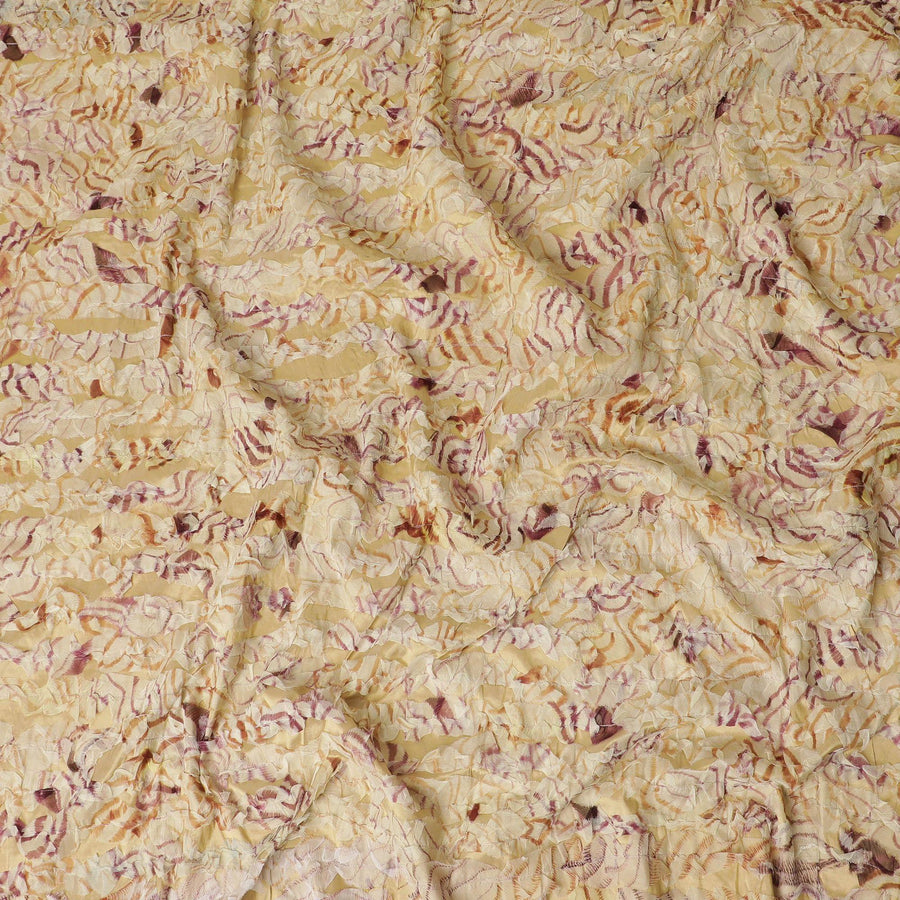 Gold synthetic chiffon fabric with beige and cerise pink fancy embroidery in stripe design-D11763