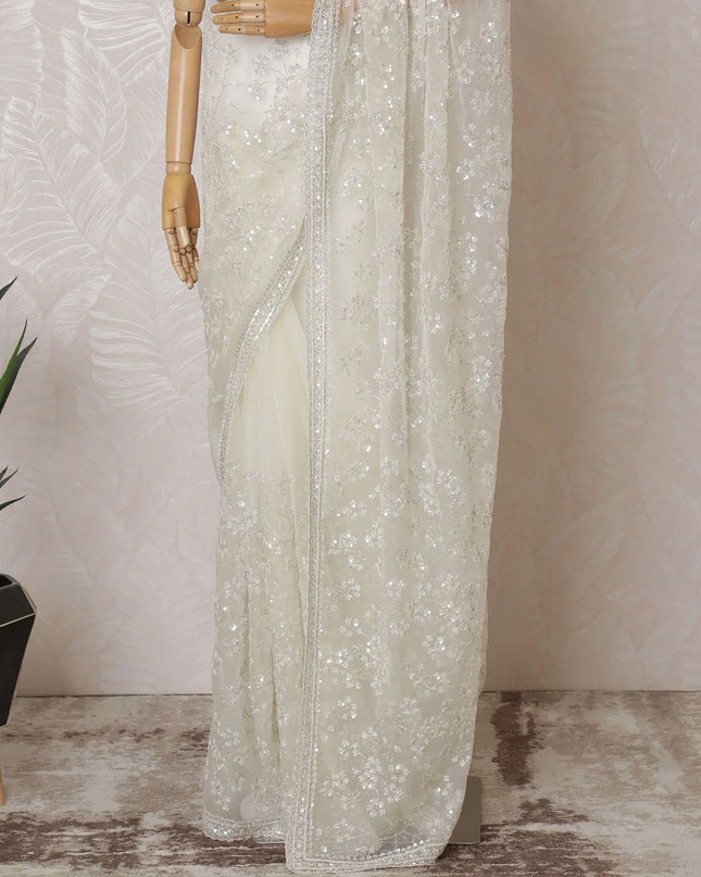 Off white Premium silk organza saree with same tone sequin work and bead work in floral design-D15585 Regal Fabrics