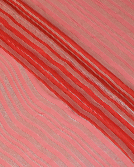 Scarlet red Premium pure silk chiffon fabric with gold metallic lurex in stripe design-D12402