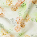 Pistachio green, of white synthetic crepe fabric with peach, light mustard and laurel green print in floral design-D7631