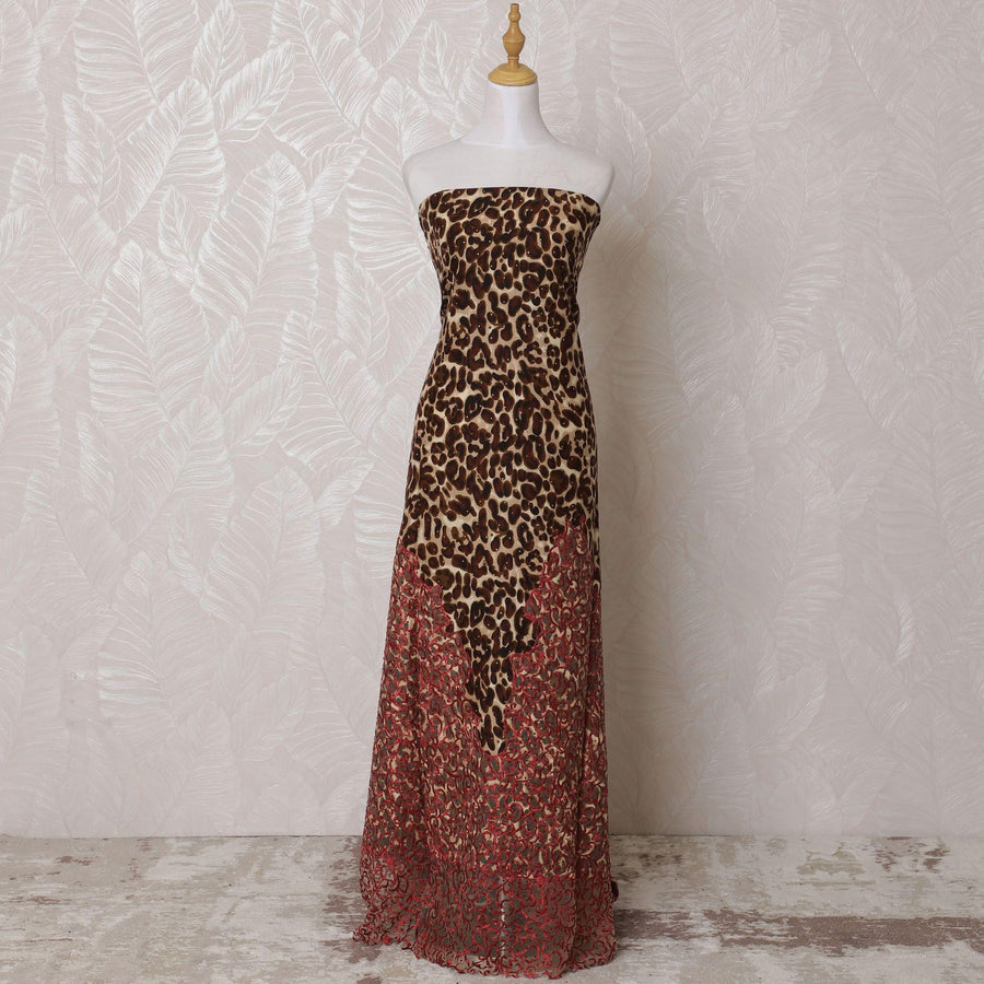 Latte beige blended cotton lawn fabric with brown print having crimson red embroidery and stone work in fancy design-D14796