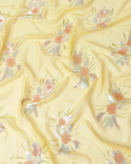Mustard yellow silk chiffon fabric with olive green print having sage green, peach and silver metallic lurex in floral design-D6630