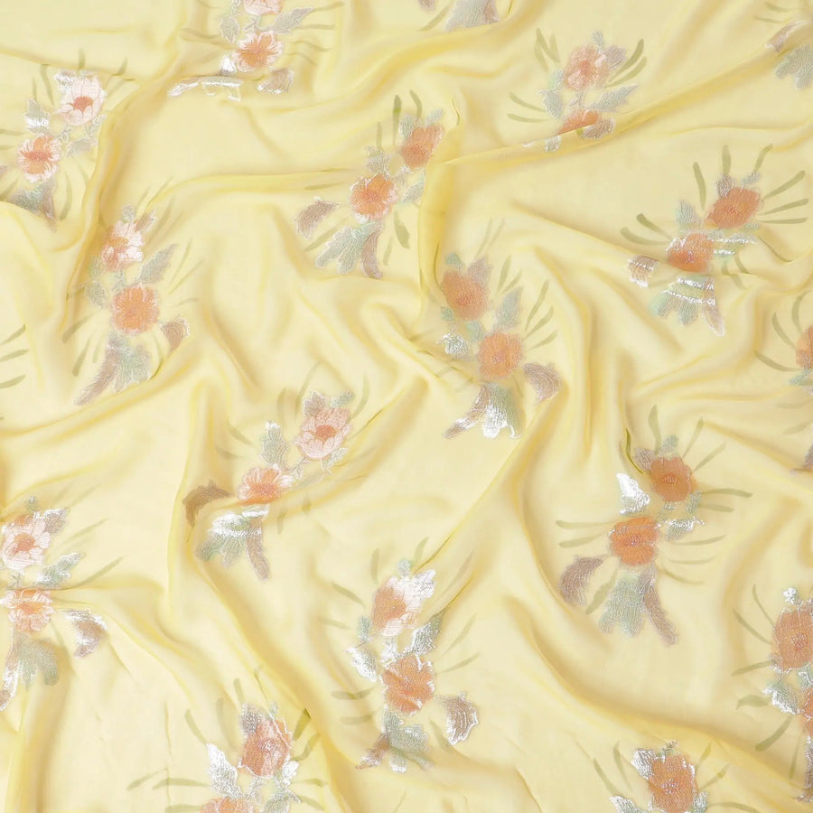 Mustard yellow silk chiffon fabric with olive green print having sage green, peach and silver metallic lurex in floral design-D6630 Regal Fabrics