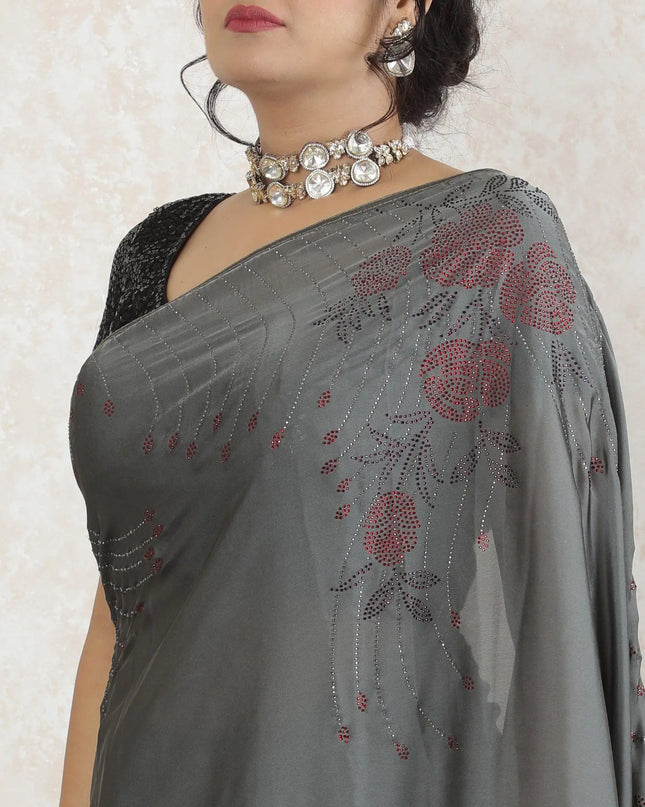 Stone grey Premium pure silk satin saree having white and red stone work in floral design-D13488 Regal Fabrics