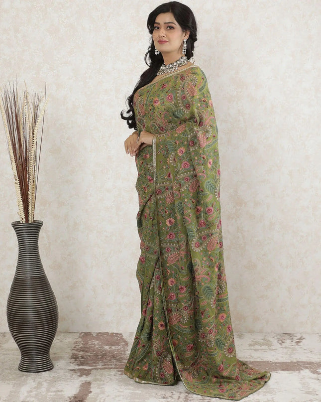 Olive green Premium pure silk georgette kashmiri work saree having multicolor embroidery and stone work in floral design-D13493 Regal Fabrics