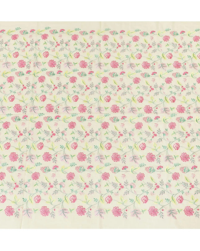 Flax yellow premium pure cotton voile fabric with same tone, baby pink and Paris green embroidery in floral design-D13637 Regal Fabrics