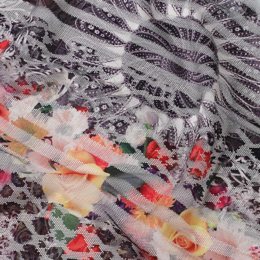 Multi color nylon tulle fabric with burn out in abstract design