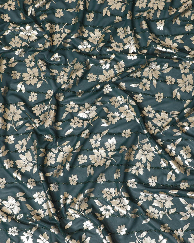 قماش جورجيت صناعي أخضر اللون مع تطريز بنفس اللون، وترتر ذهبي بطباعة رقائق ذهبية بتصميم زهور-D12232