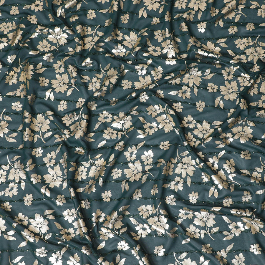 Bottle green synthetic georgette fabric with same tone embroidery, gold sequins having gold foil print in floral design-D12232