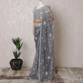 Coin grey Premium silk organza saree with gold bead work having sequin work and pearl work in floral design-D15593