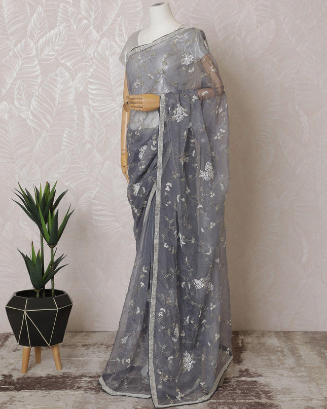 Coin grey Premium silk organza saree with gold bead work having sequin work and pearl work in floral design-D15593
