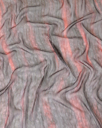 Black pure silk chiffon fabric with brick red print having gold metallic lurex in stripe design-D8974