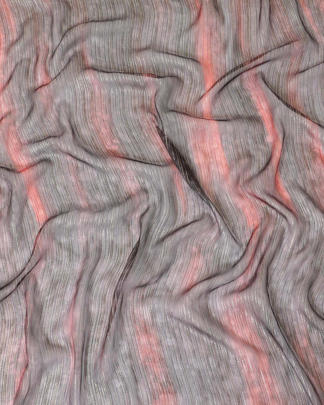 Black pure silk chiffon fabric with brick red print having gold metallic lurex in stripe design-D8974