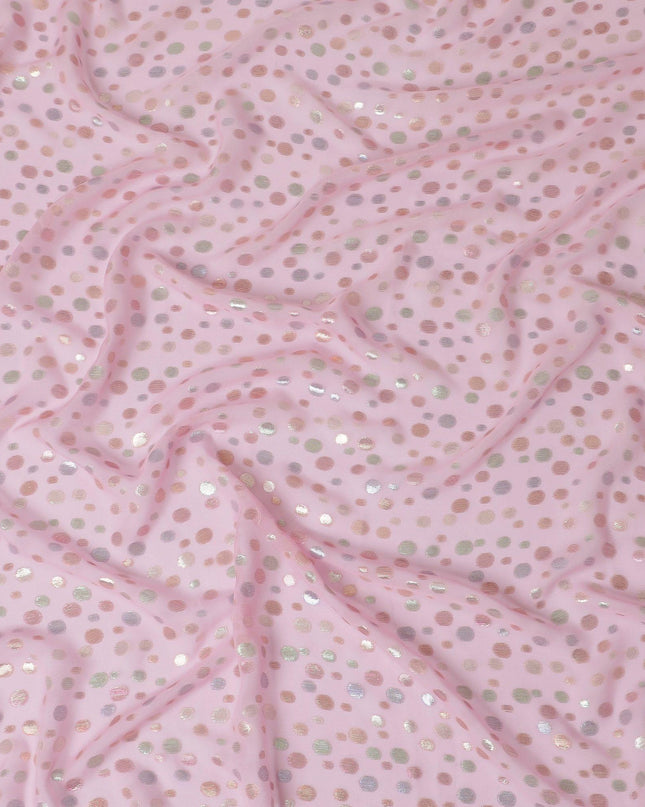 Baby pink Premium pure silk chiffon fabric with multicolor metallic lurex in dot design-D15334