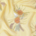 Mustard yellow silk chiffon fabric with olive green print having sage green, peach and silver metallic lurex in floral design-D6630 Regal Fabrics