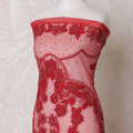 Crimson red nylon tulle fabric with same tone bead work, sequin work having feathers in fancy design-D14706