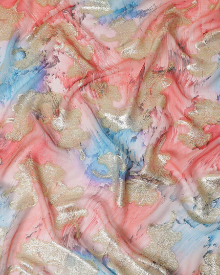 Multicolor synthetic chiffon fabric with gold metallic lurex in fancy design-D12606 Regal Fabrics