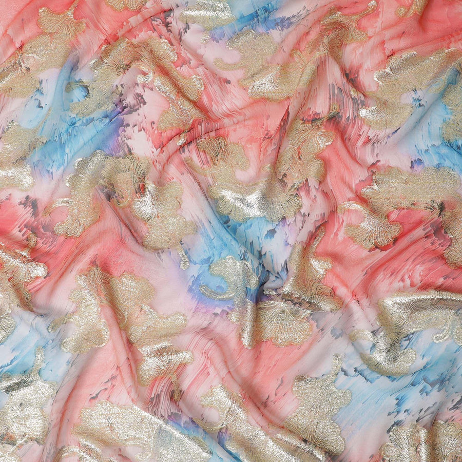 Multicolor synthetic chiffon fabric with gold metallic lurex in fancy design-D12606 Regal Fabrics
