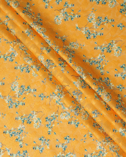Malta orange uragiri cotton voile fabric with same tone jacquard having forest green and black print in floral design-D14331
