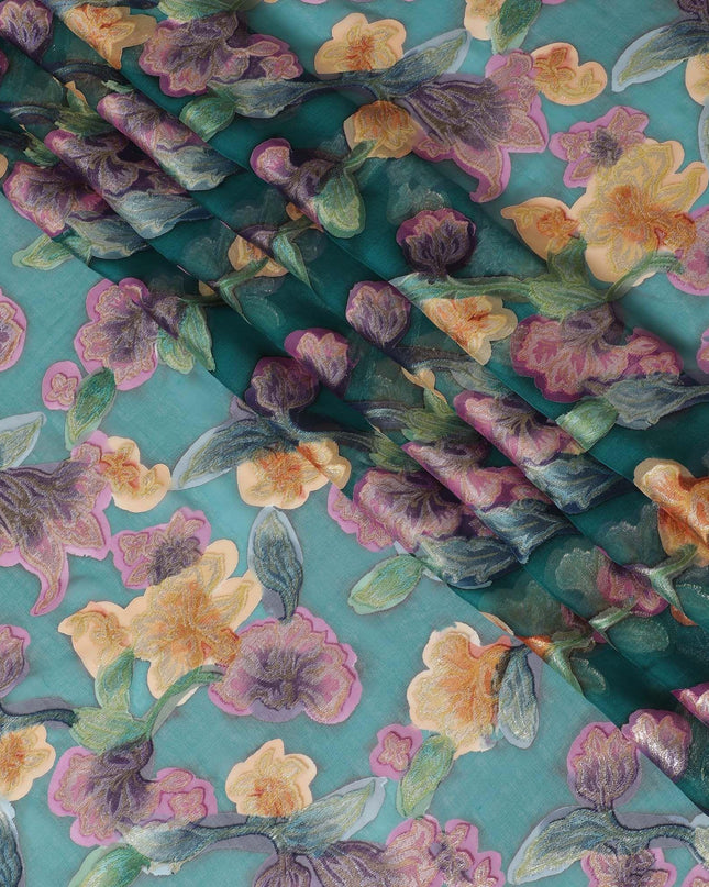 قماش شيفون حريري نقي فاخر باللون الأخضر مع طباعة يدوية متعددة الألوان ولوريكس معدني بتصميم زهور-D10427